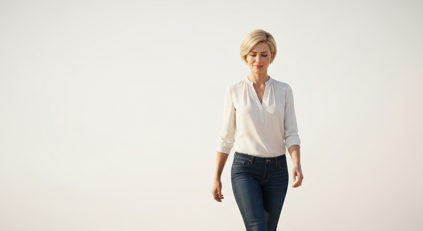 Woman walking forward into soft natural light, feeling clear and relieved