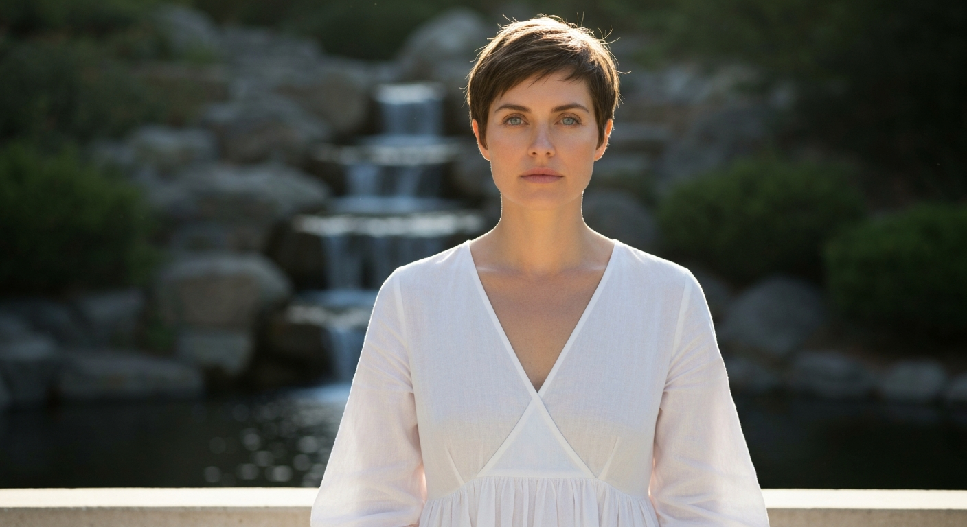Woman showing grounded relief, calm embodiment, and emotional lightness