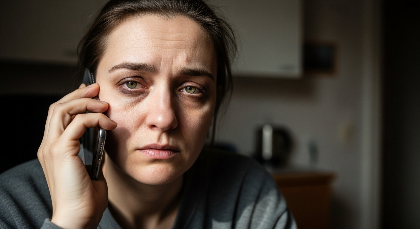 A person looking tired while agreeing to something on the phone, representing people-pleasing