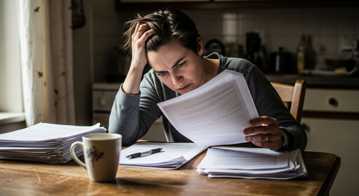 A person looking stressed while reviewing papers at a kitchen table, representing money trauma