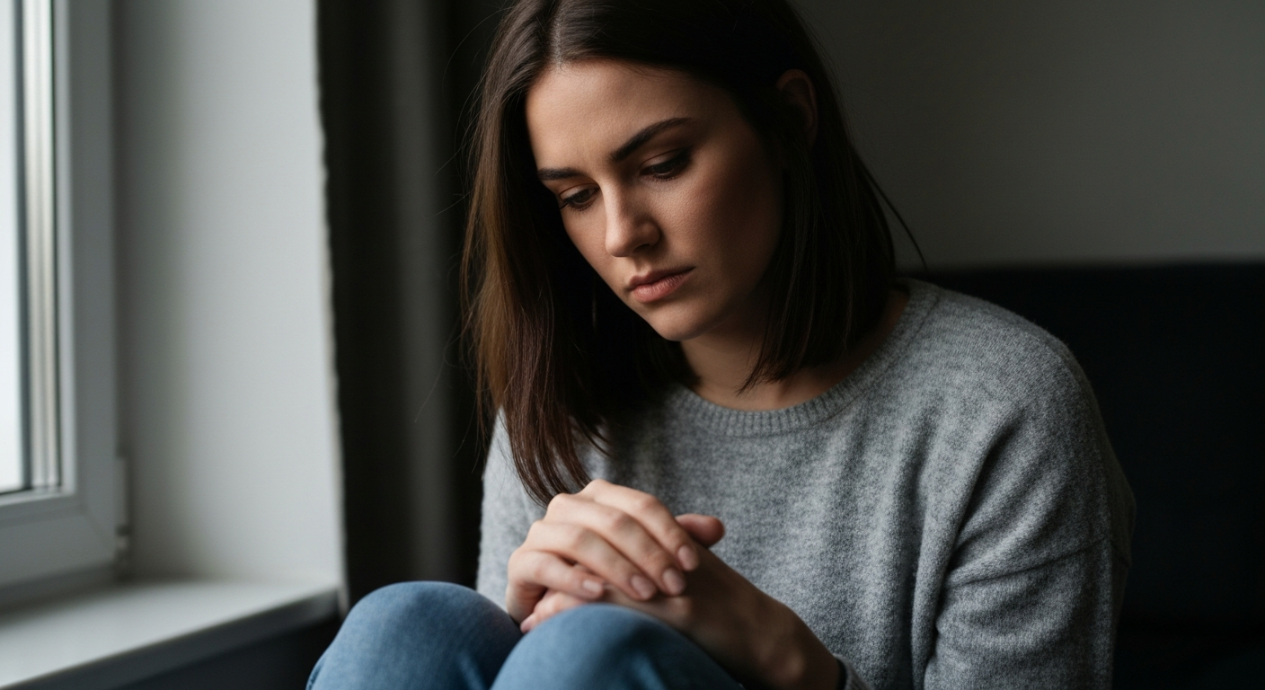 Person taking a quiet emotional moment alone, looking down thoughtfully