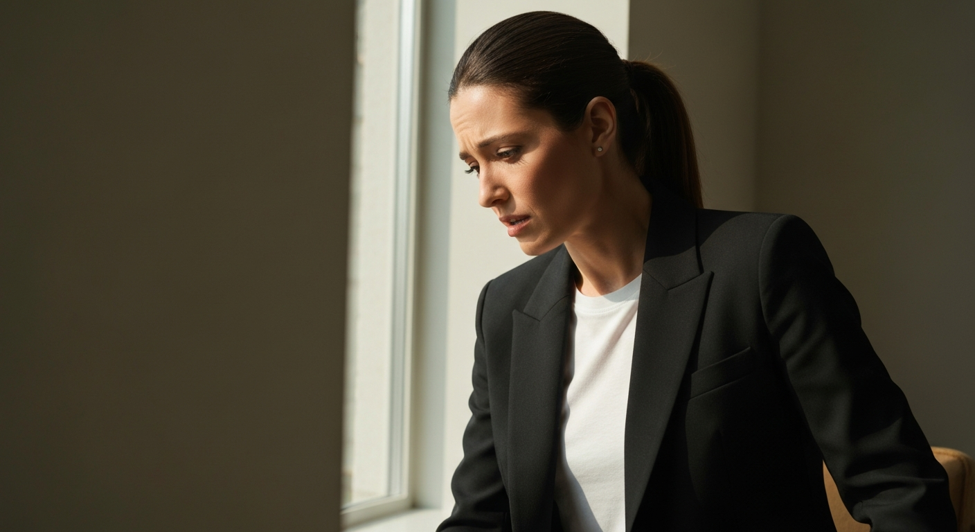 Woman looking slightly frustrated or stuck, reflecting on a repeating cycle