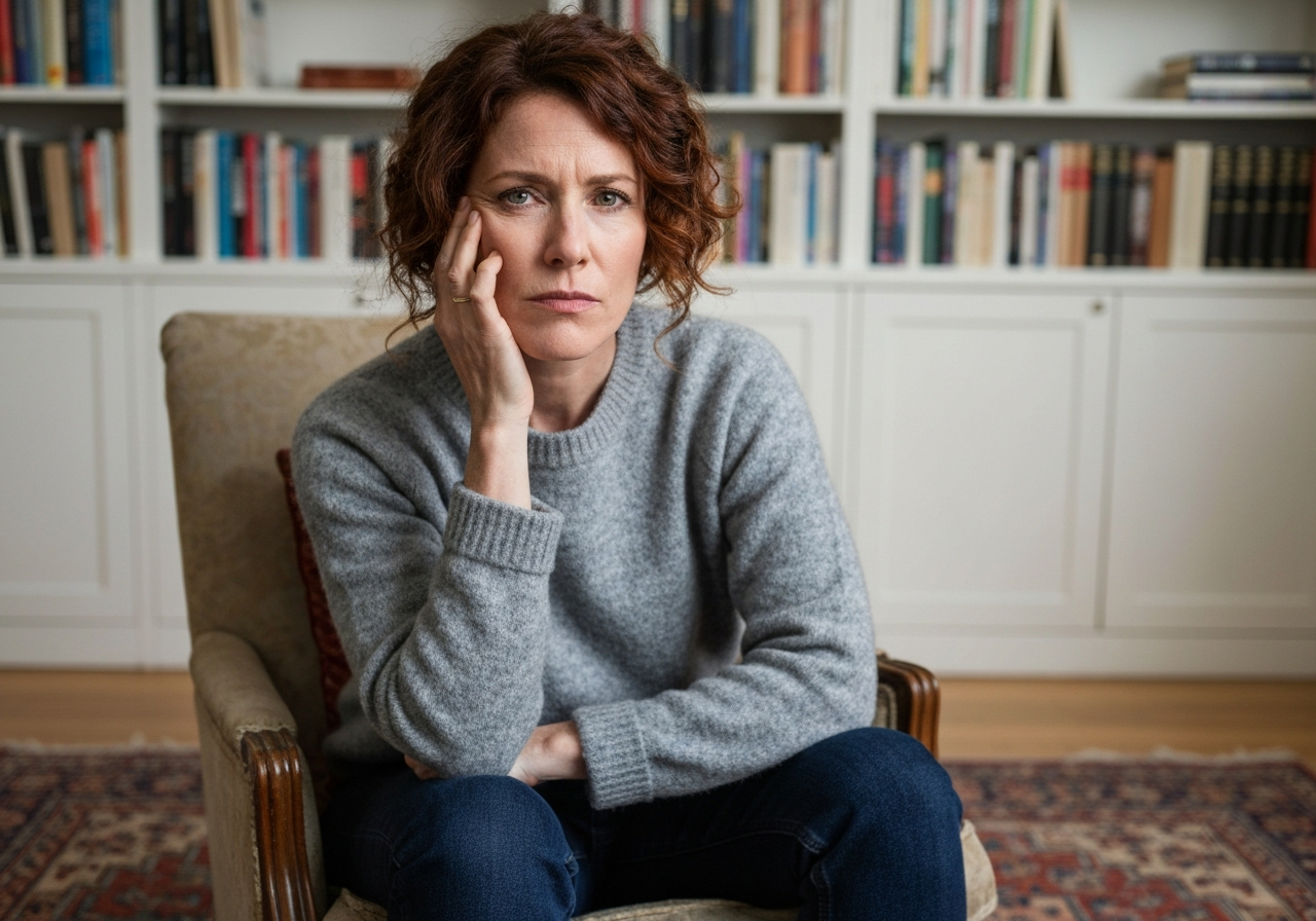 Woman feeling slightly overwhelmed but composed