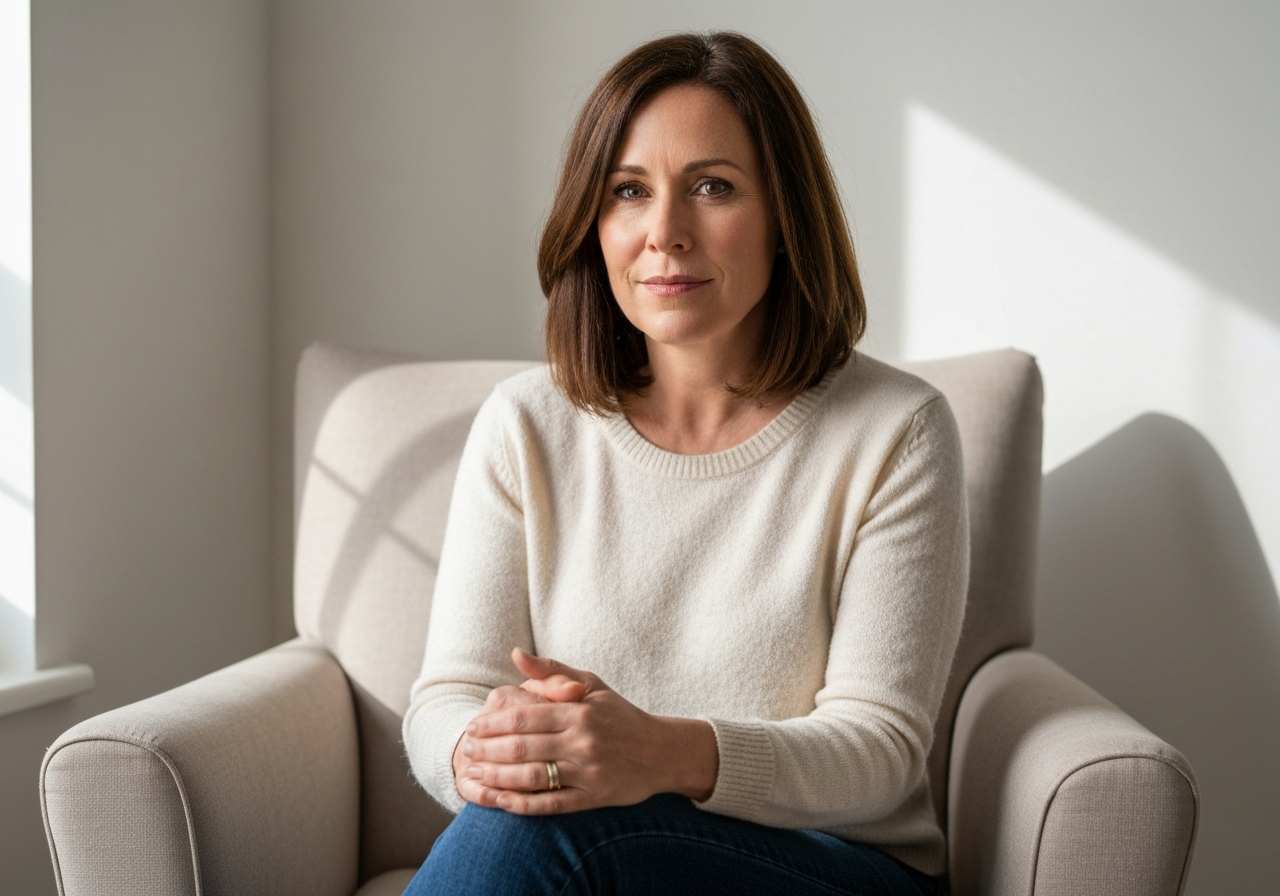 Thoughtful woman sitting calmly but carrying subtle internal tension