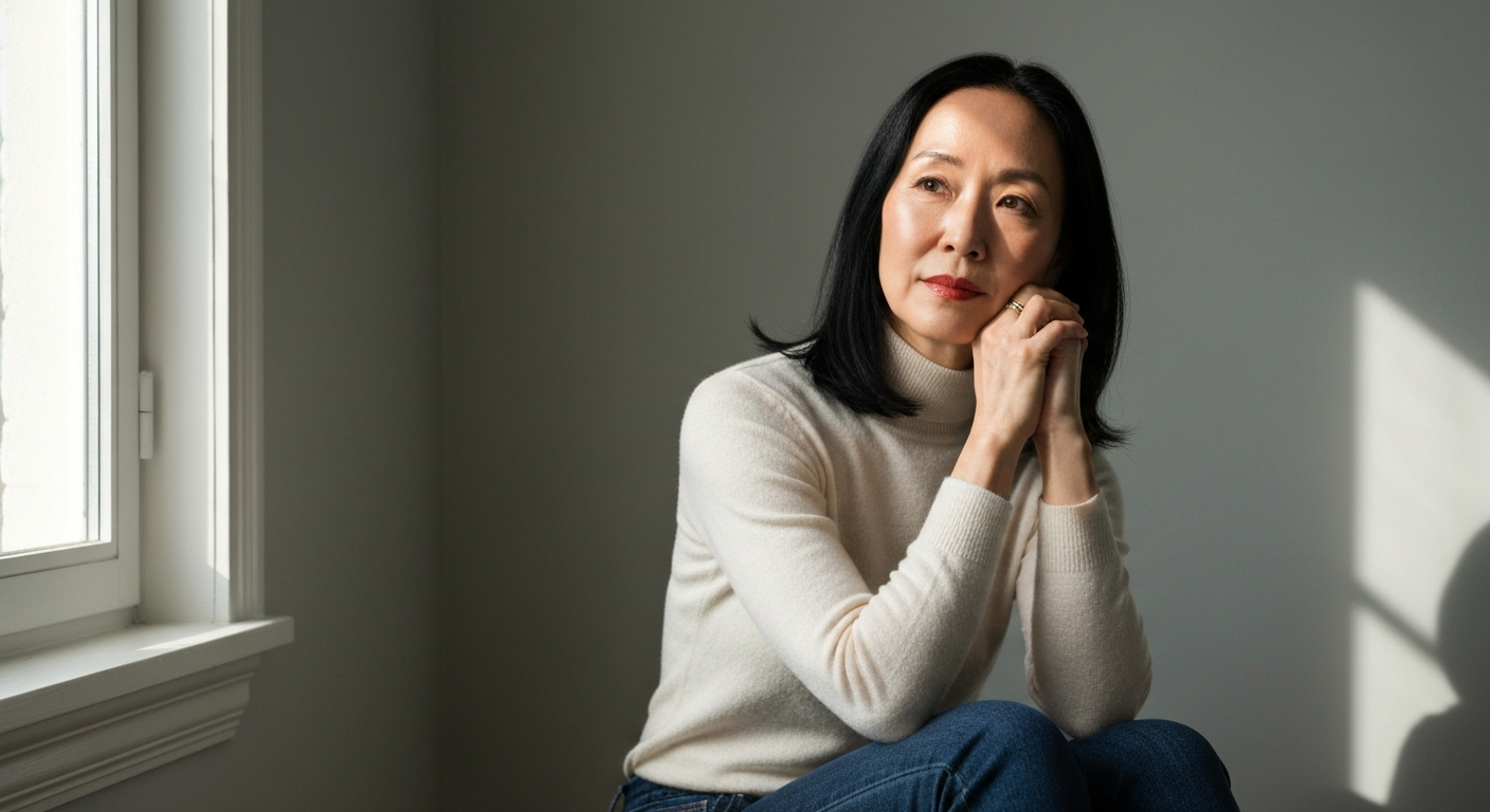 Thoughtful woman sitting calmly but carrying subtle internal tension