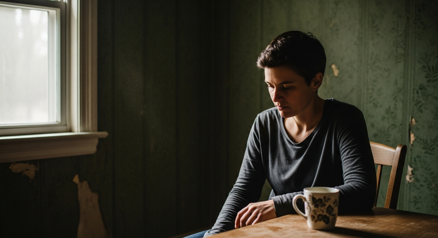 A person sitting quietly in a dimly lit room looking thoughtful, representing grief and shame