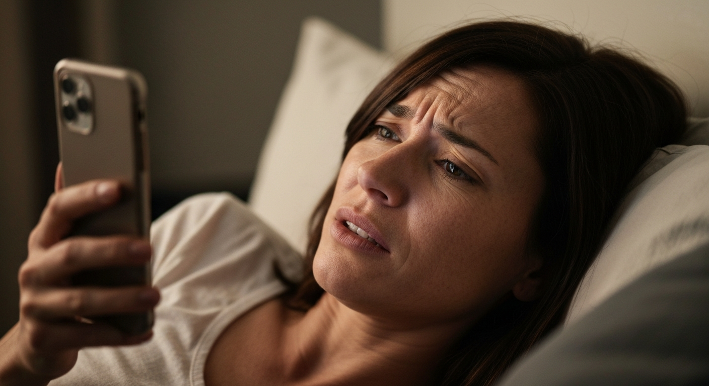 Woman scrolling on her phone in bed, unable to switch off
