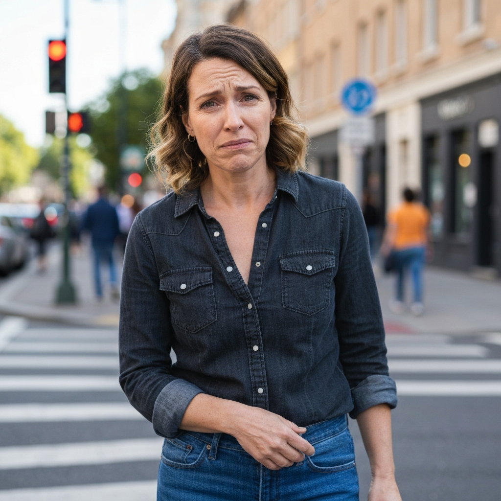 Woman looking slightly distracted and internally overwhelmed as she replays a conversation