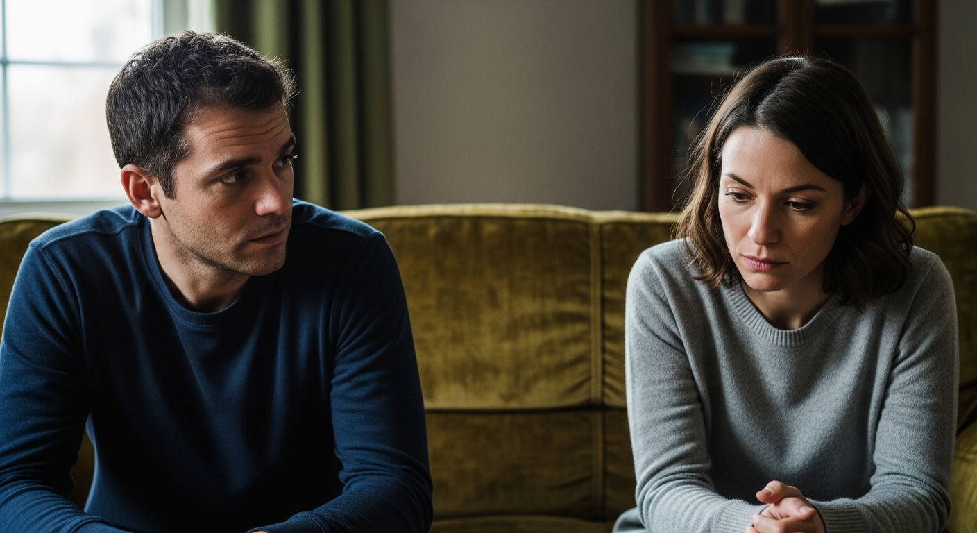 Two people sitting on a couch having a serious conversation, representing relationship dynamics