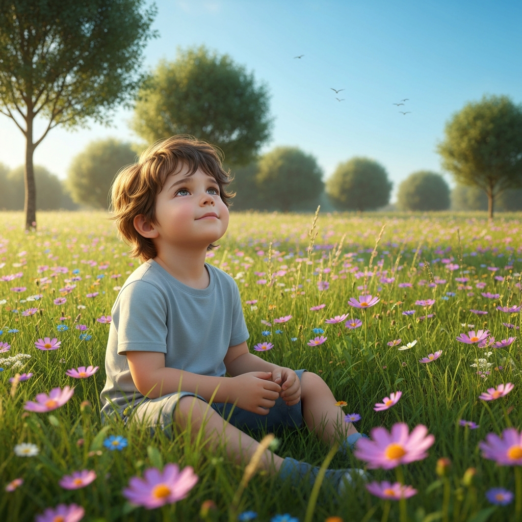 A child sitting in a field of flowers