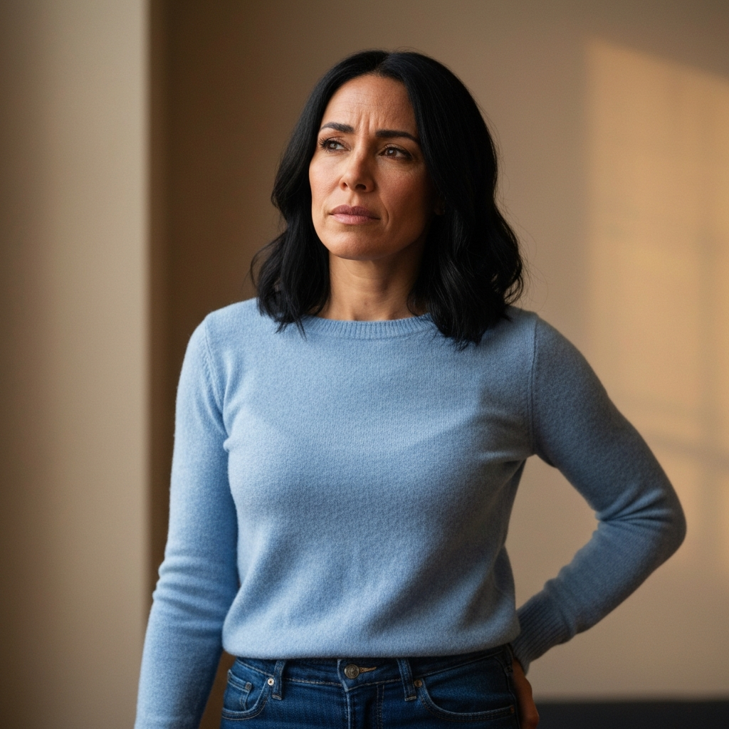 Thoughtful woman alone, reflecting and slightly tense
