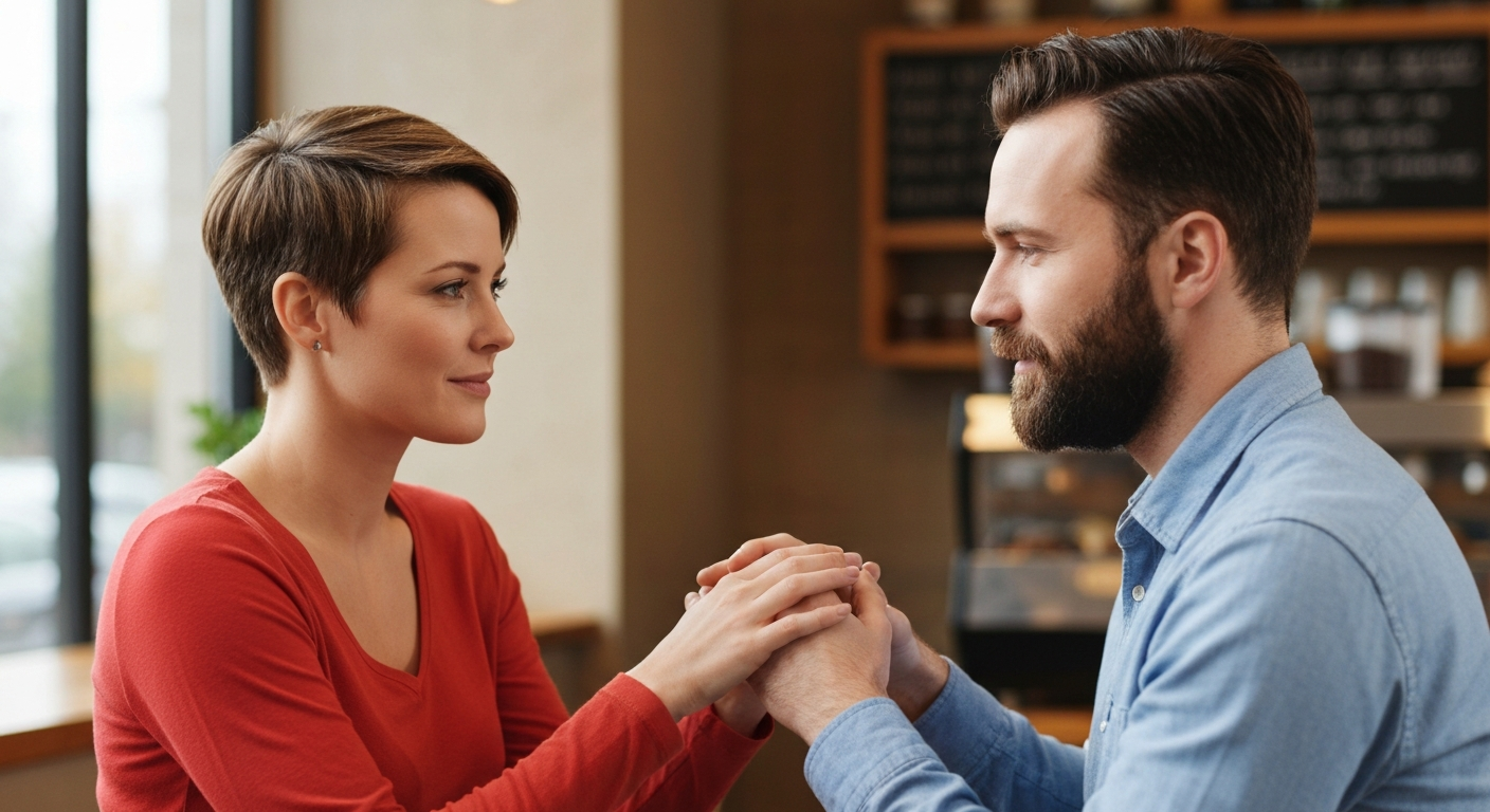 Two people having a quiet, supportive conversation