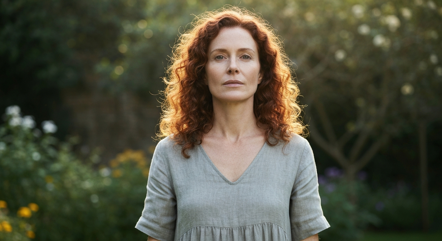 Woman standing in soft natural light, looking forward with grounded self-possession and calm relief