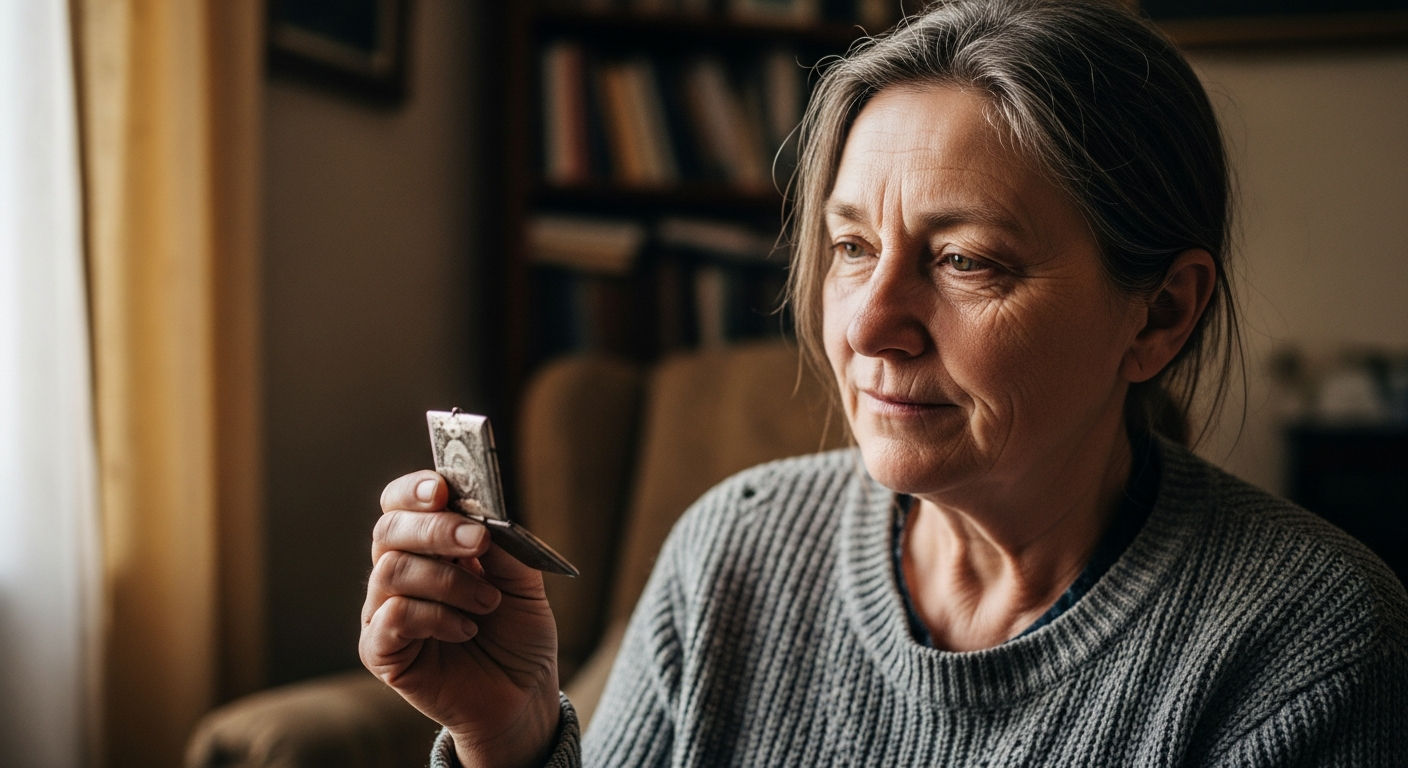 A person looking reflective while holding a small keepsake, representing childhood trauma healing