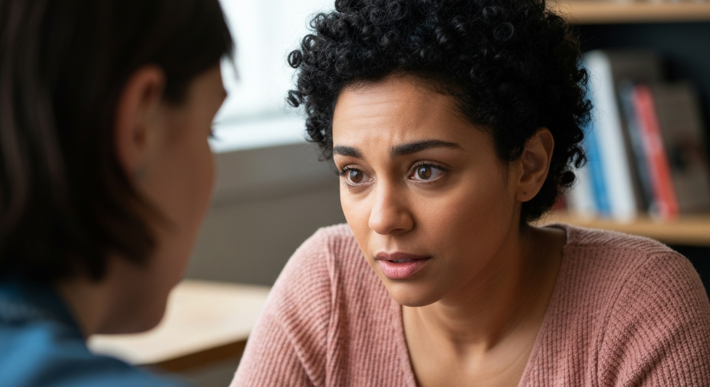Woman over-accommodating in a conversation, appearing inwardly overwhelmed