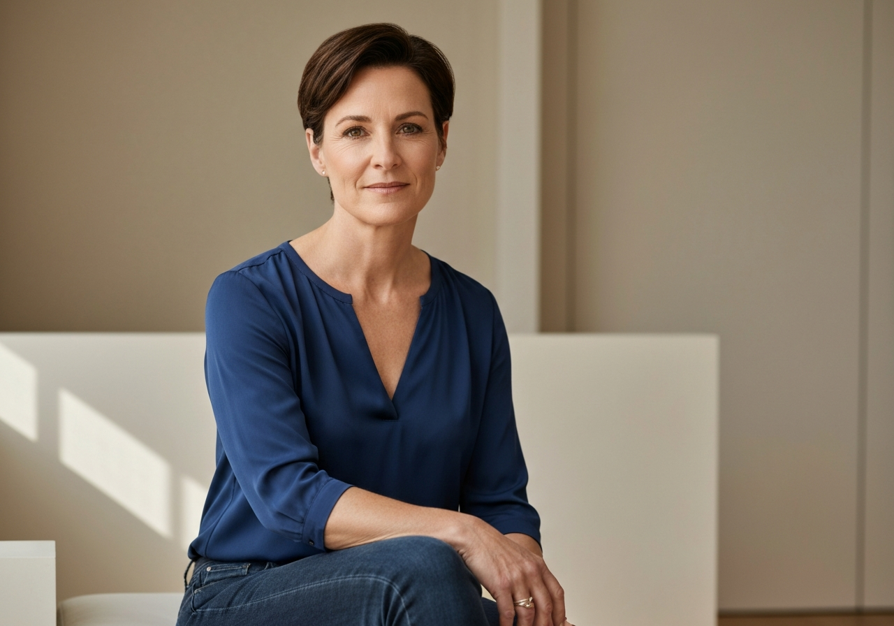 Calm, thoughtful woman outwardly composed but with emotional depth