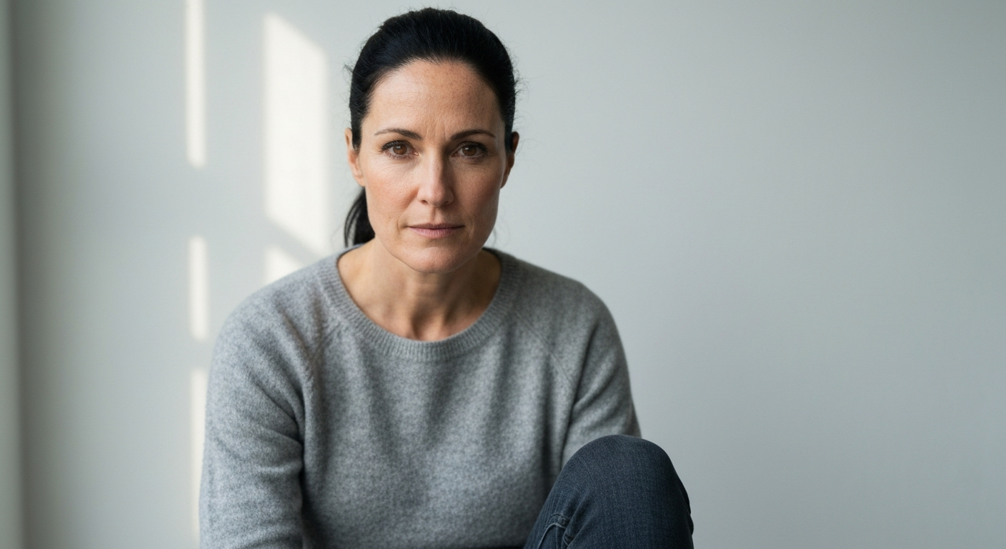 Thoughtful woman calm on the outside but carrying subtle internal tension