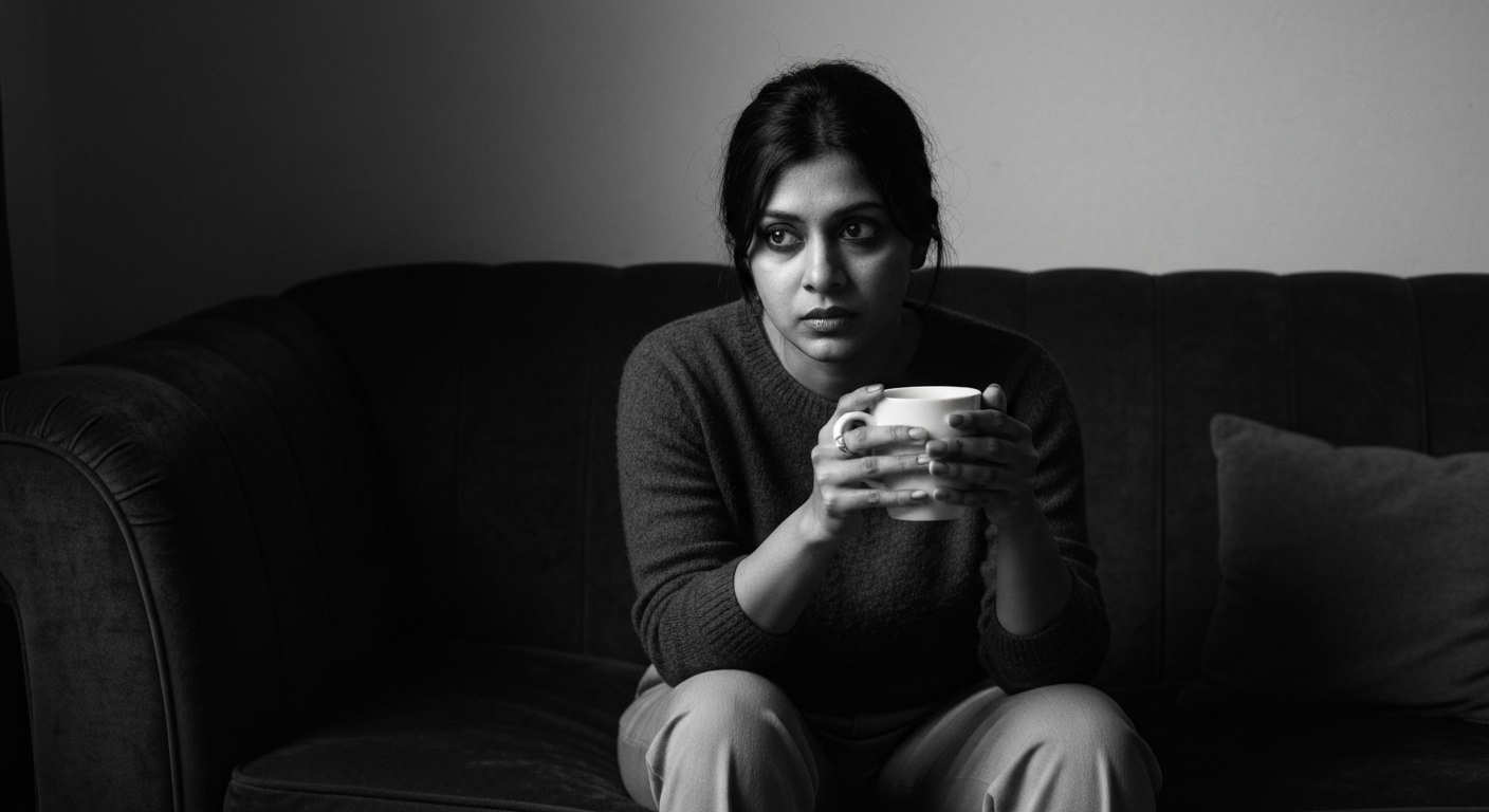 Woman lying down but visibly restless and lost in thought