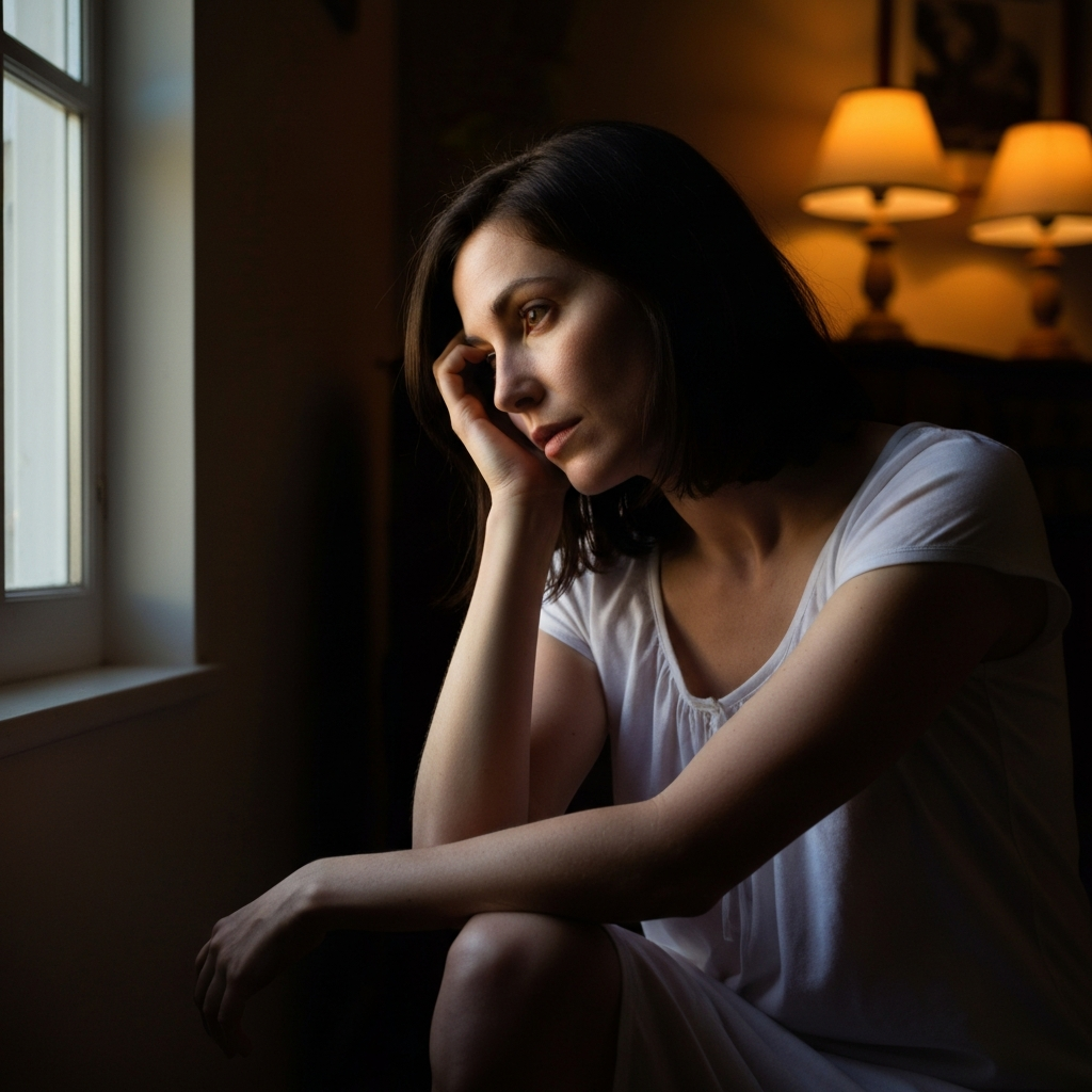 Woman awake late at night, caught in a mental loop of overthinking