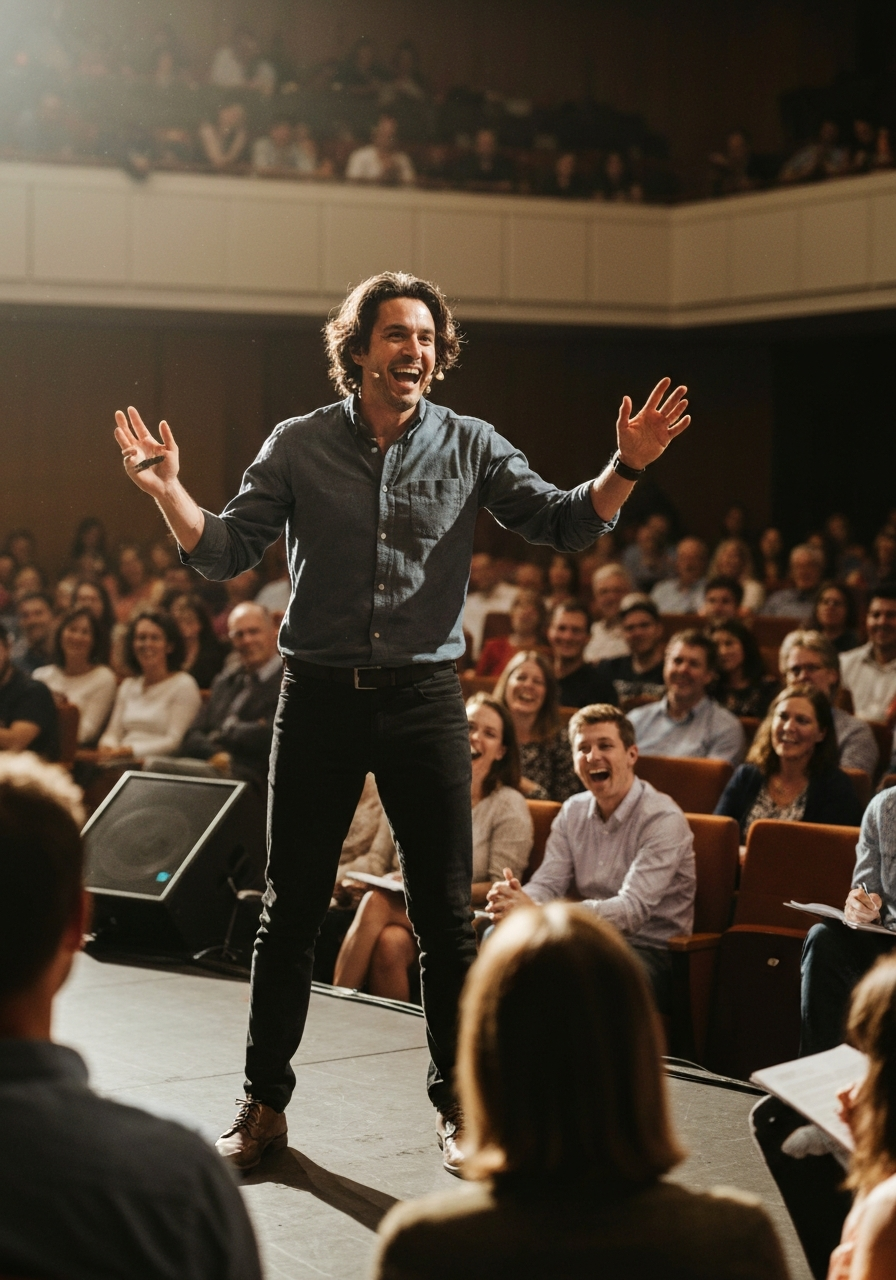 A confident, smiling person speaking on stage and having fun in front of a crowd