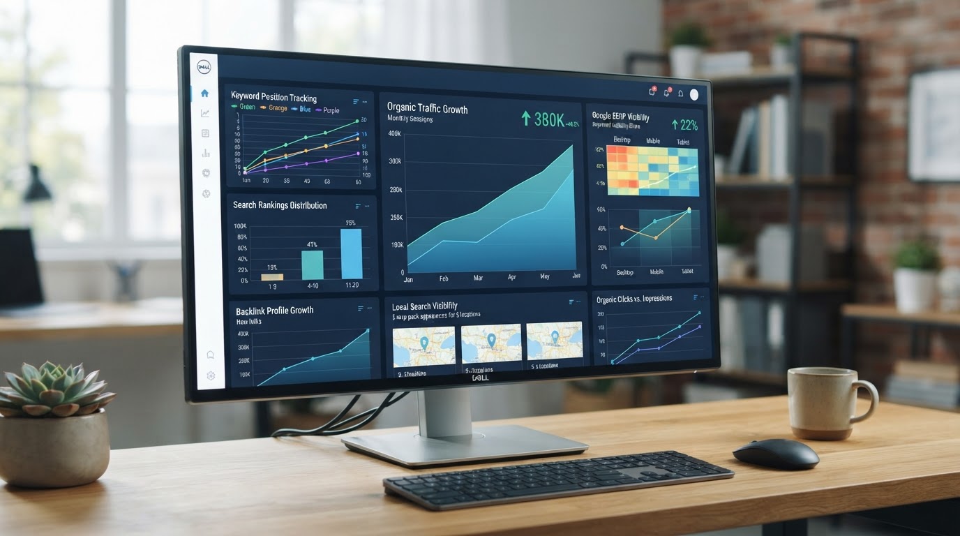 RubyTex SEO services dashboard showing search rankings and local search visibility for Dallas businesses