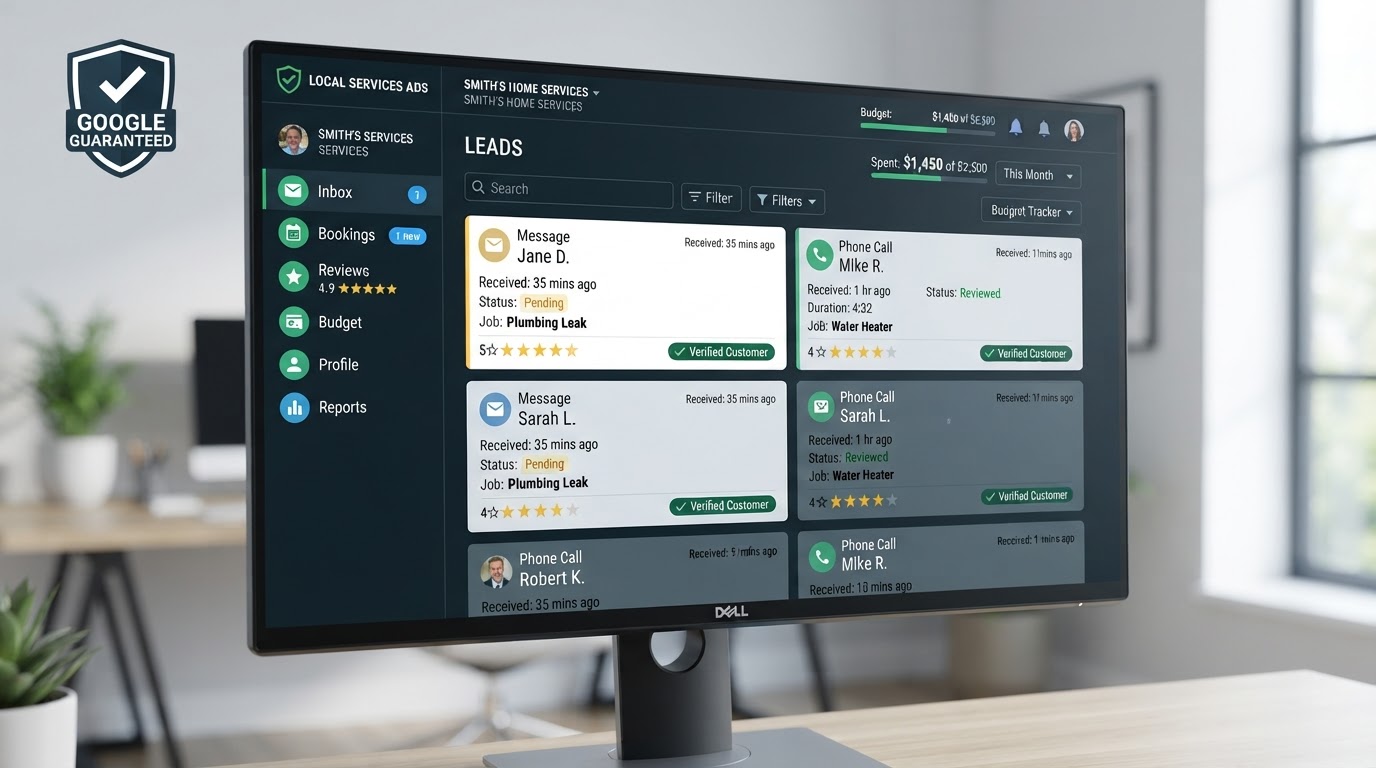 RubyTex Google Local Services Ads management dashboard showing lead inbox and Google Guaranteed badge for Dallas businesses