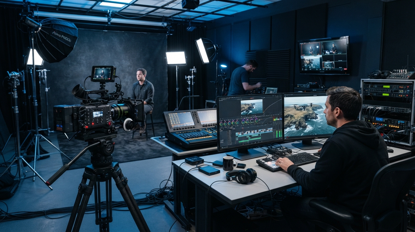 RubyTex video production studio showing professional camera equipment and editing setup for Dallas business content