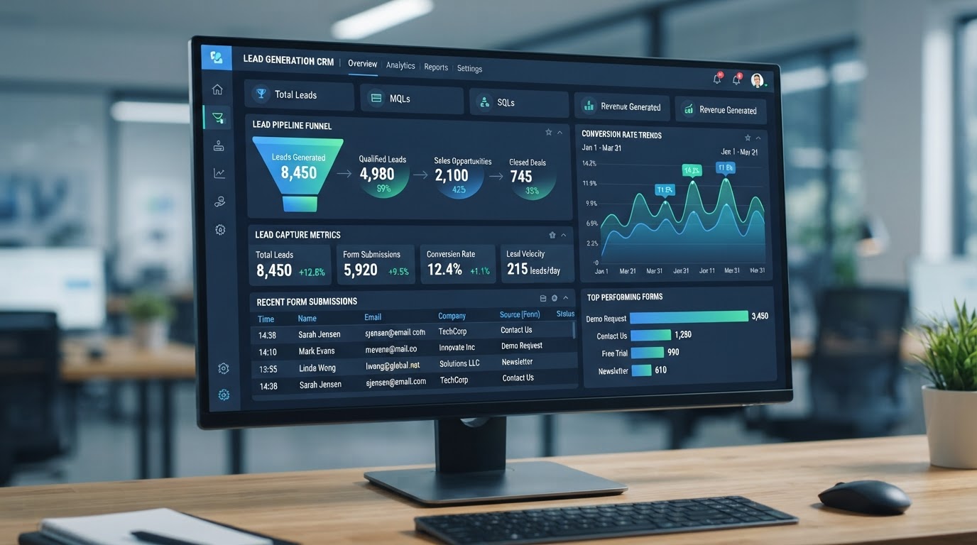 RubyTex lead generation dashboard showing lead capture forms, landing pages, and lead nurturing flows for Dallas businesses