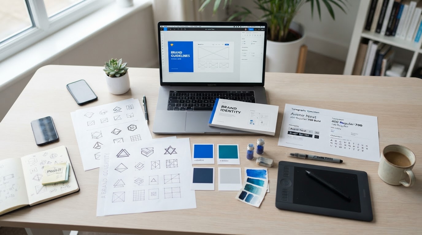 RubyTex branding and identity design workspace showing logo concepts, color palettes, and brand guidelines for Dallas businesses