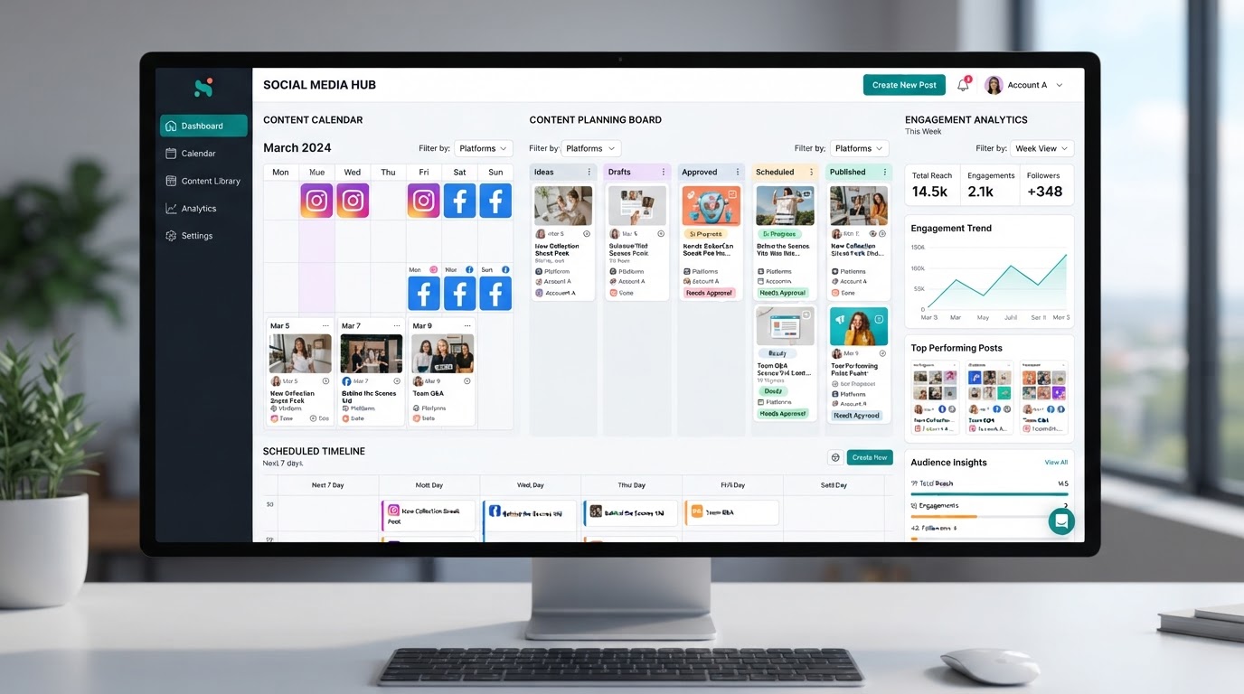 RubyTex social media management dashboard showing content calendars and engagement analytics for Dallas businesses