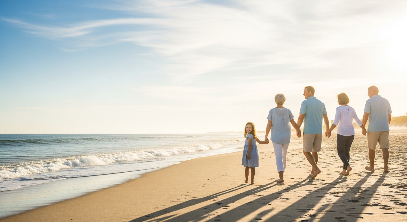 Multi-generational family walking on the beach, representing Tulsa estate planning clients served by Palmer Estate Law