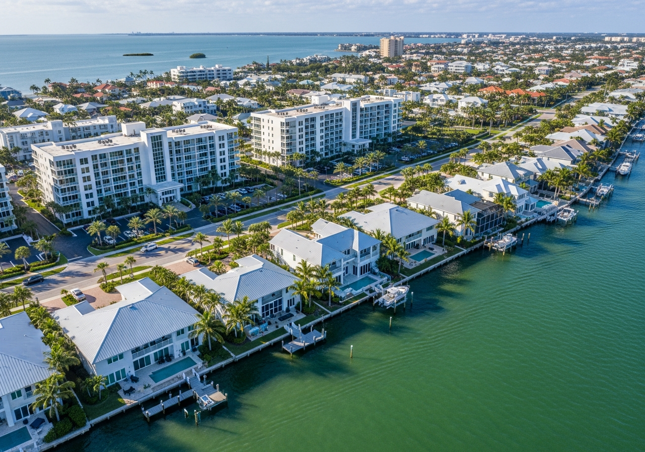 Aerial view of a coastal condominium community in Bradenton, Florida, showcasing our expert HOA and condo management services