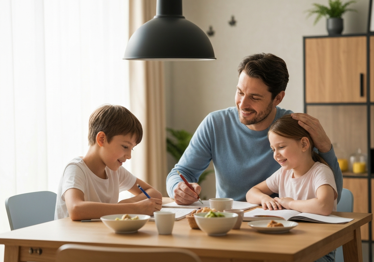 Happy parent and child studying maths together