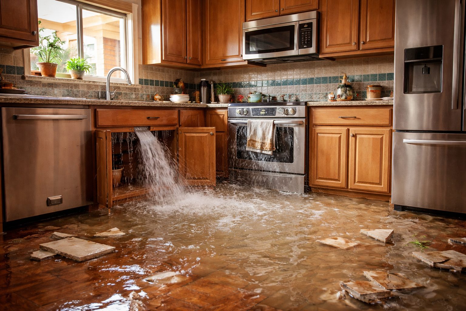 Flooded kitchen requiring emergency water damage restoration