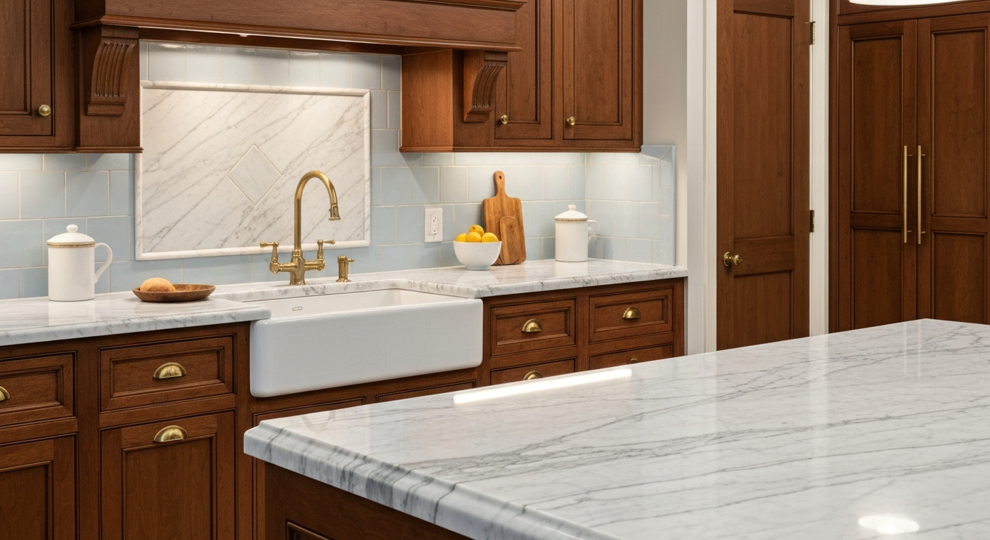 Statuario White Marble kitchen scene