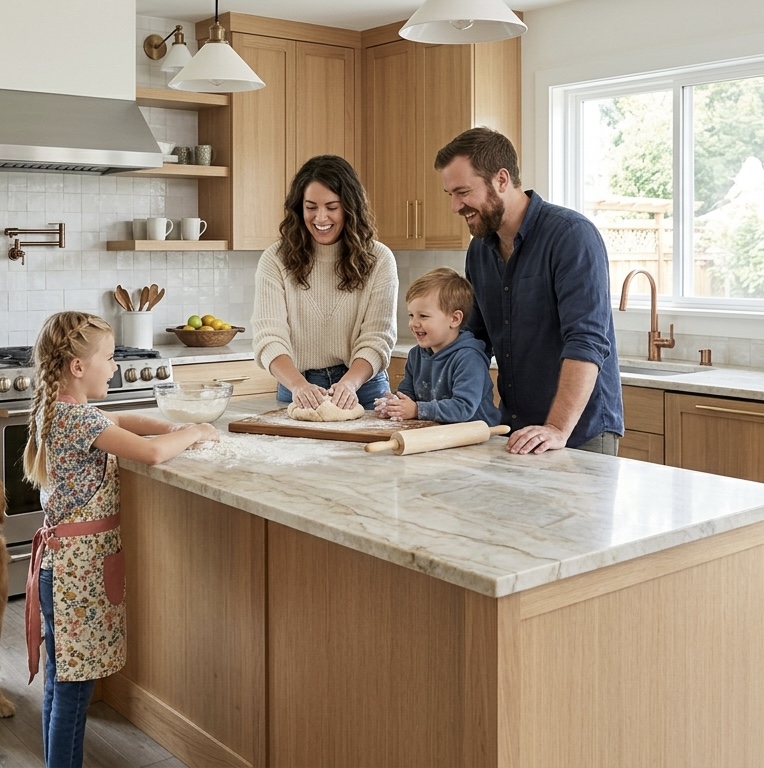 Family enjoying their new kitchen countertops