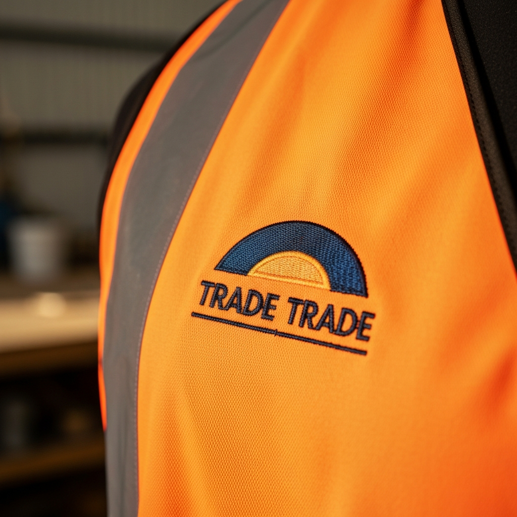 Custom tradie branding embroidery on a hi-vis workwear vest