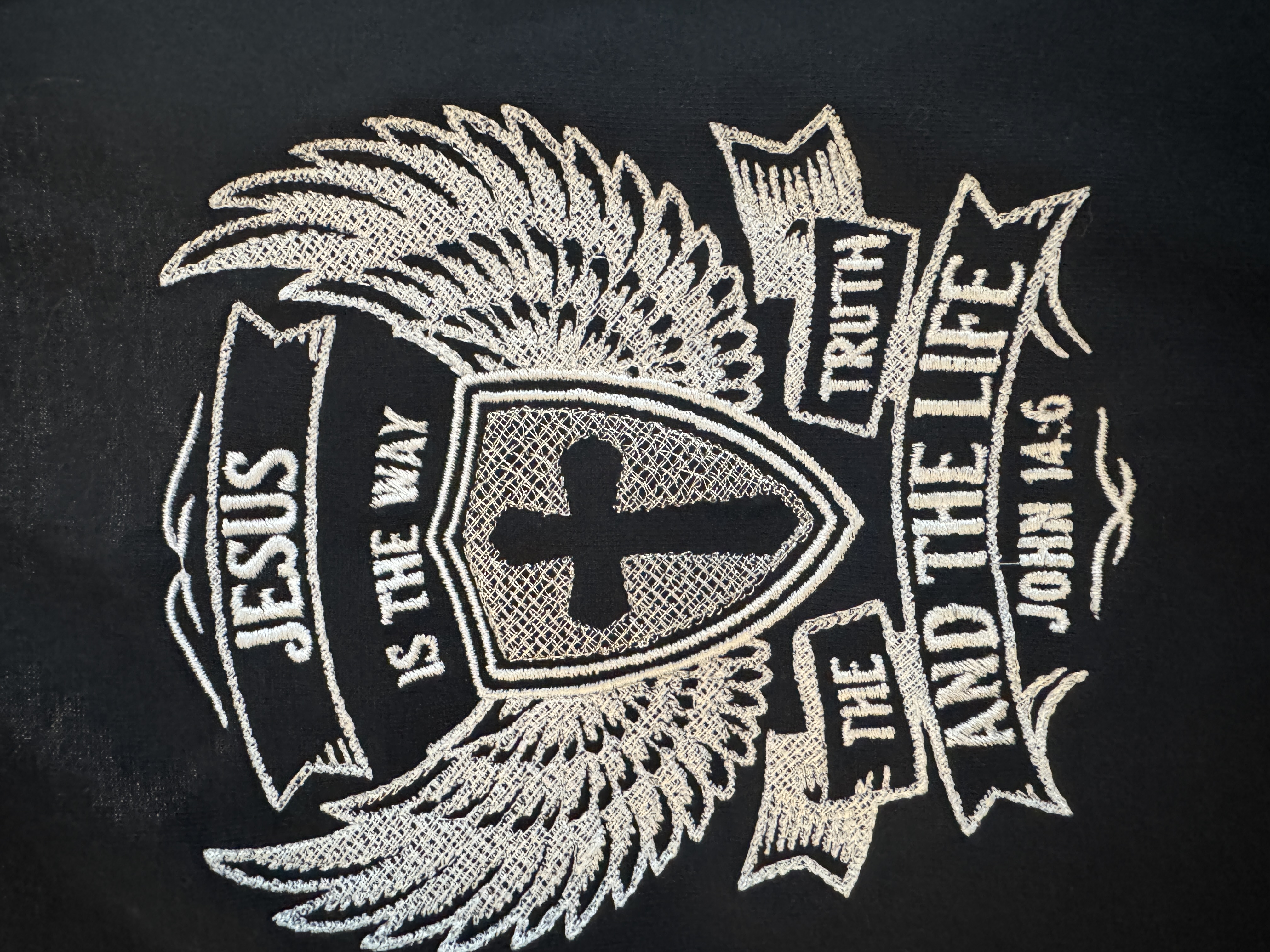 Religious custom embroidery patch with wings and cross