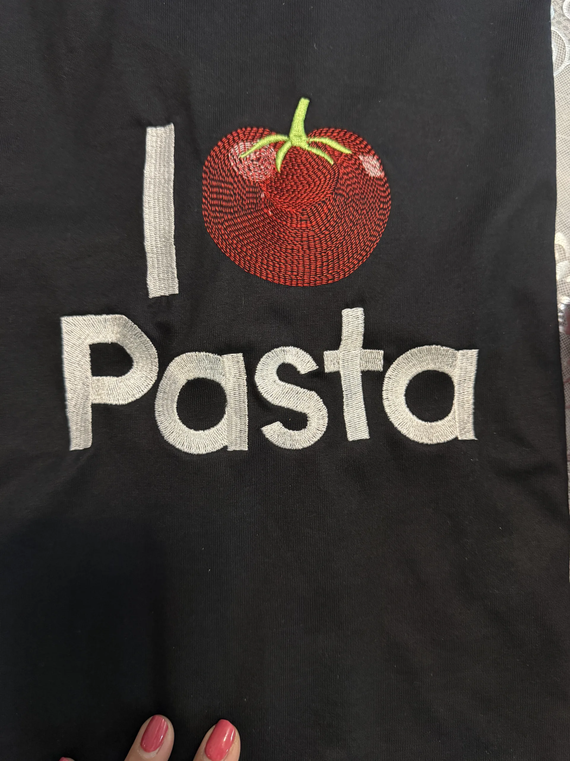 'I <3 Pasta' embroidery with tomato design on black shirt