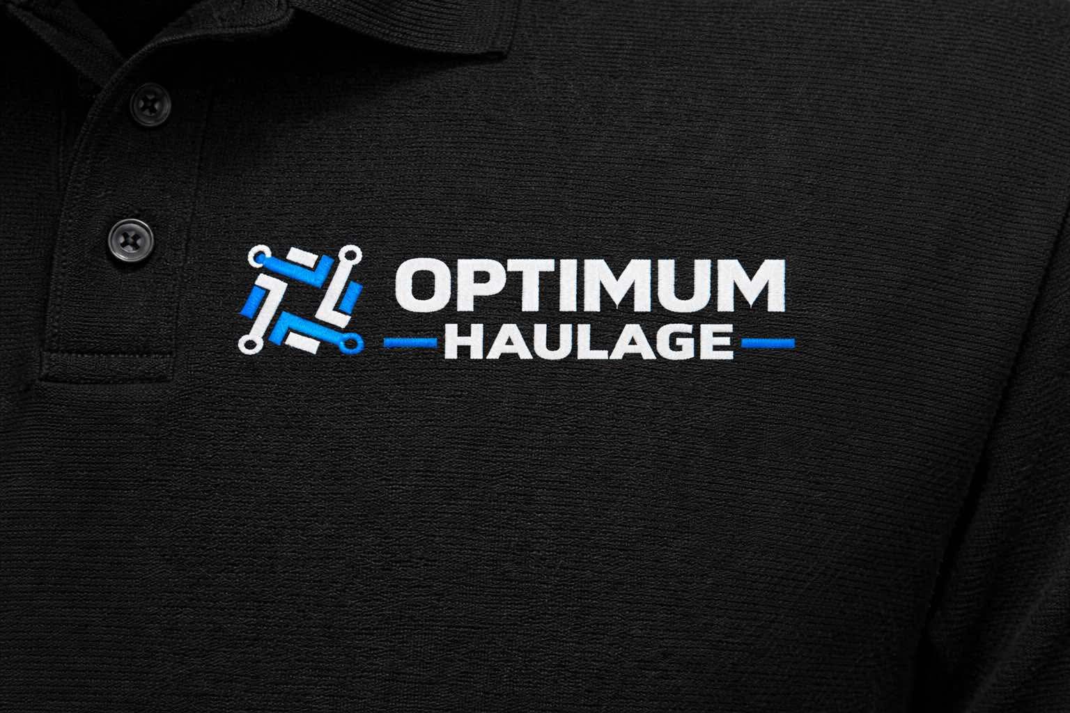 Optimum Haulage custom embroidery on black polo shirt