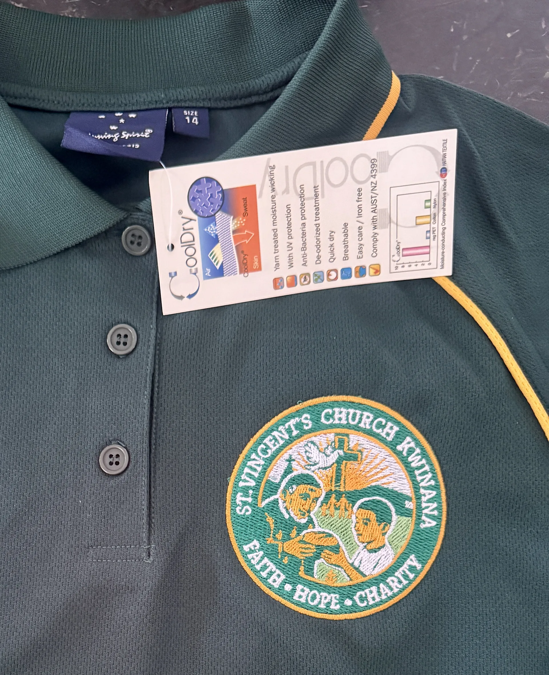 St. Vincent's Church Kwinana logo embroidery on green polo