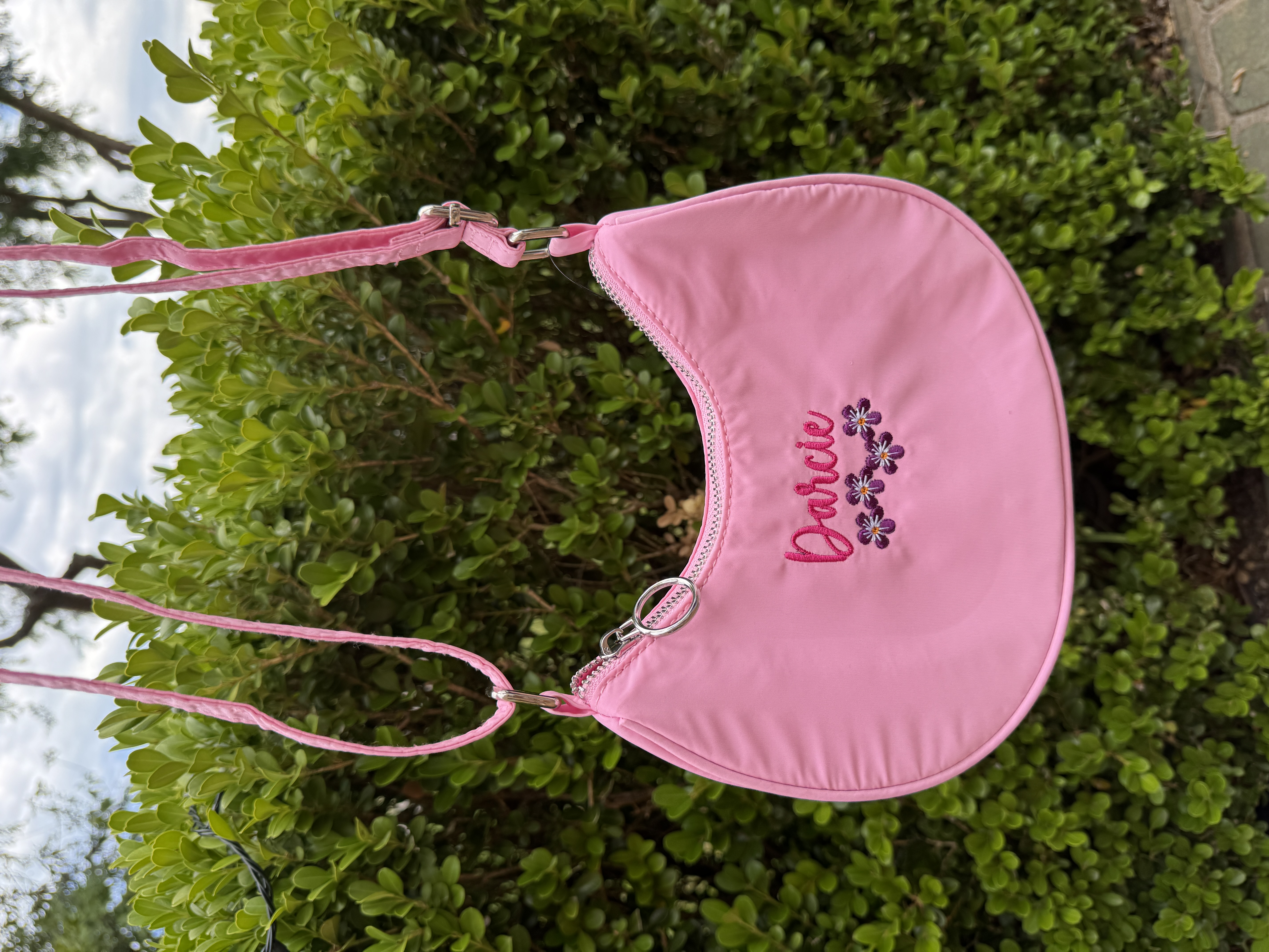Personalised pink bag with Darcie name embroidery