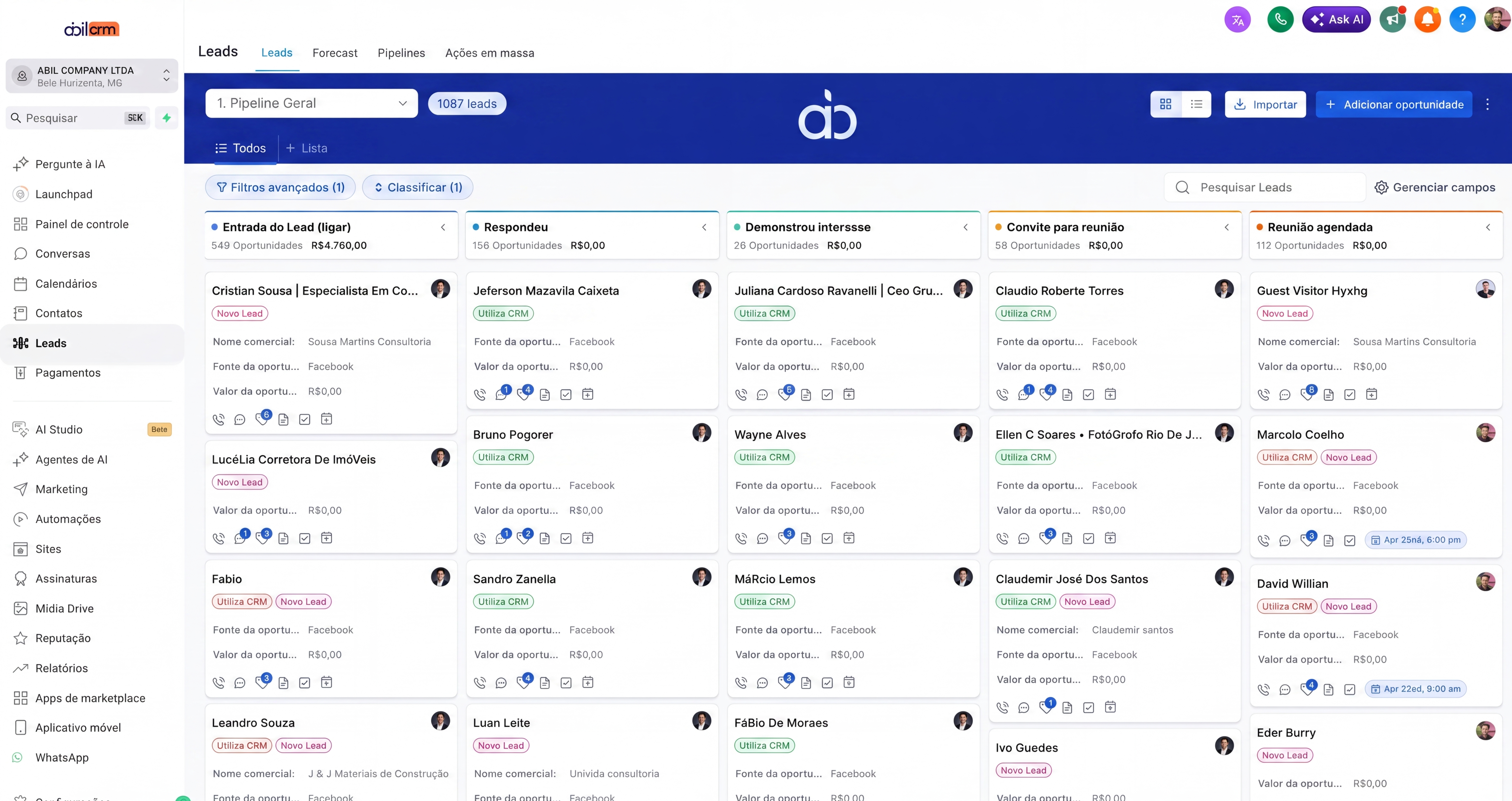 Pipeline de Leads — Abil CRM