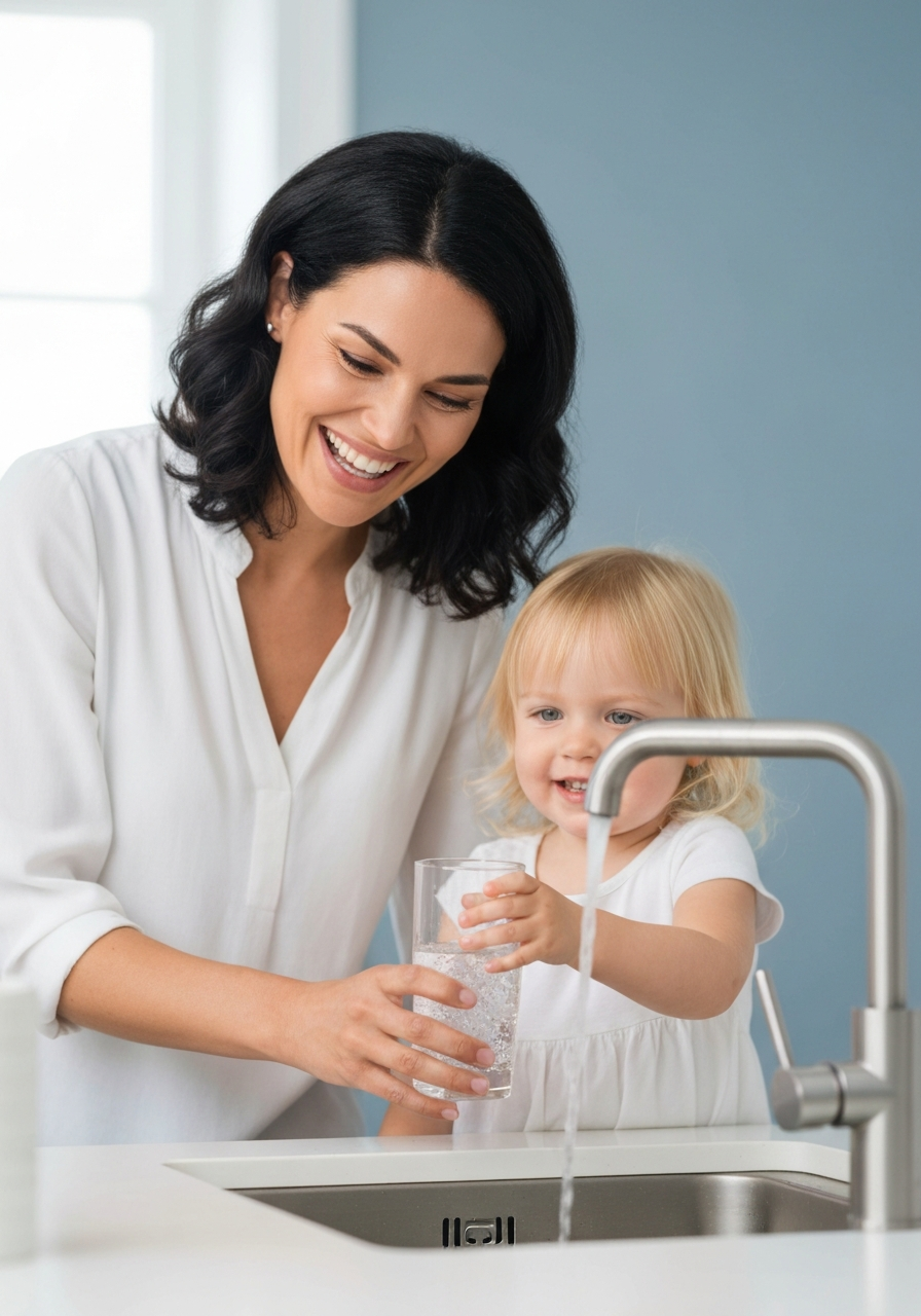 Mother and child enjoying clean water from a modern faucet