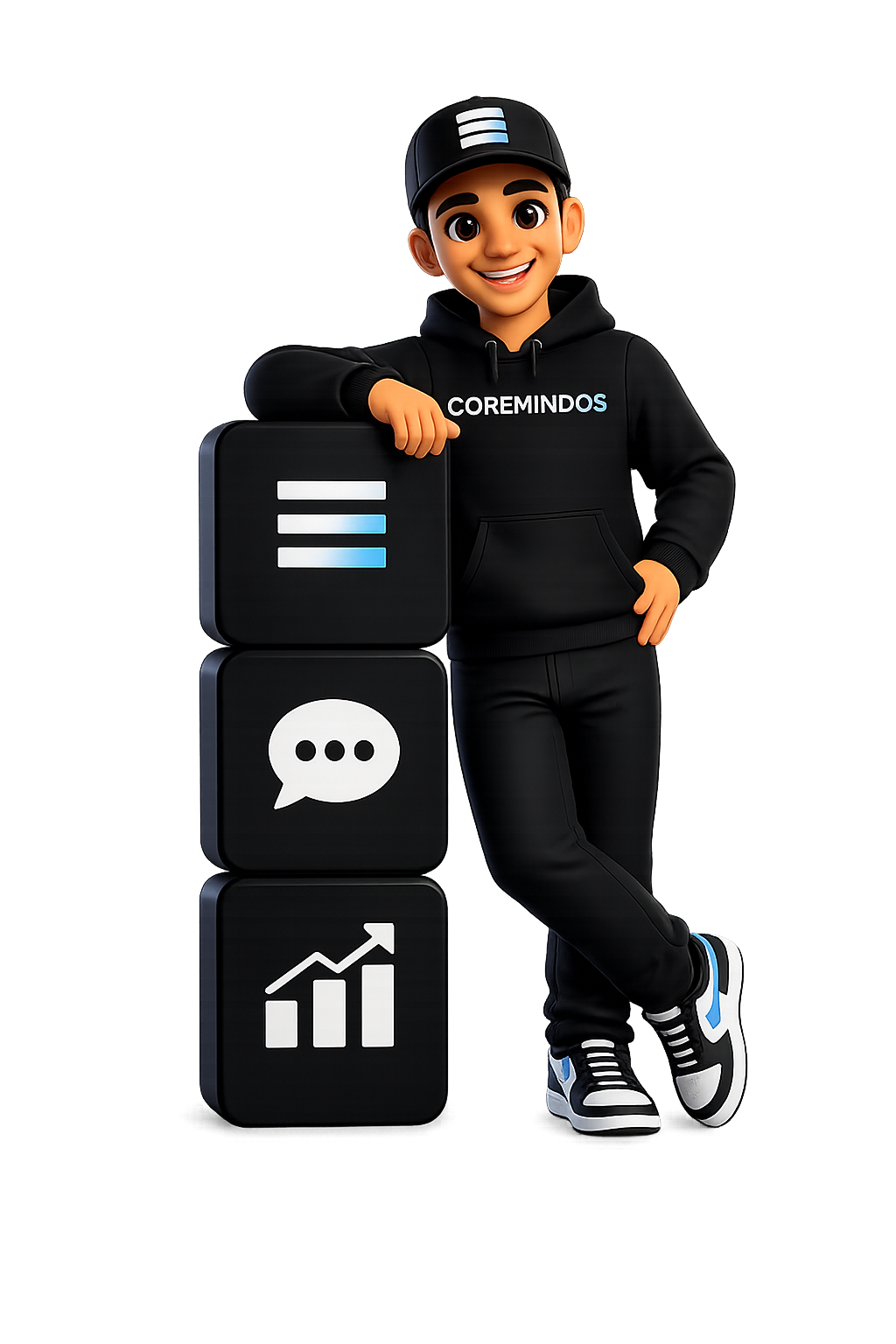 CoreMind OS mascot leaning on feature blocks