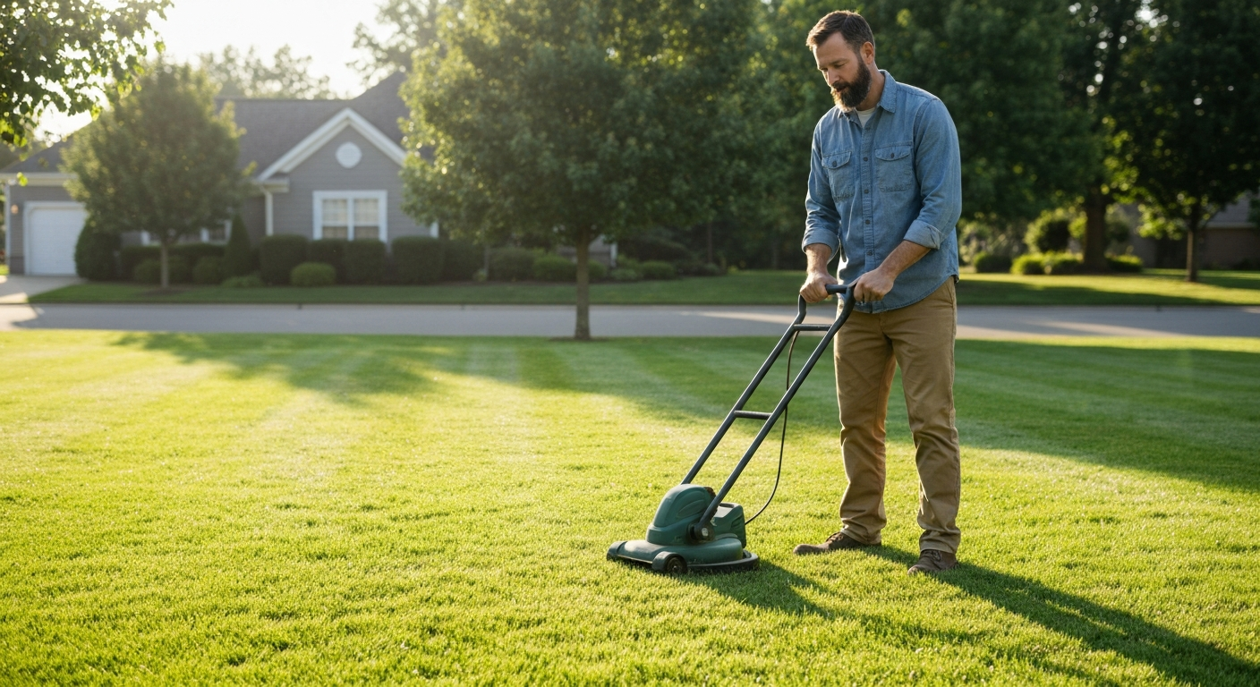 Landscaper trimming a beautiful green lawn