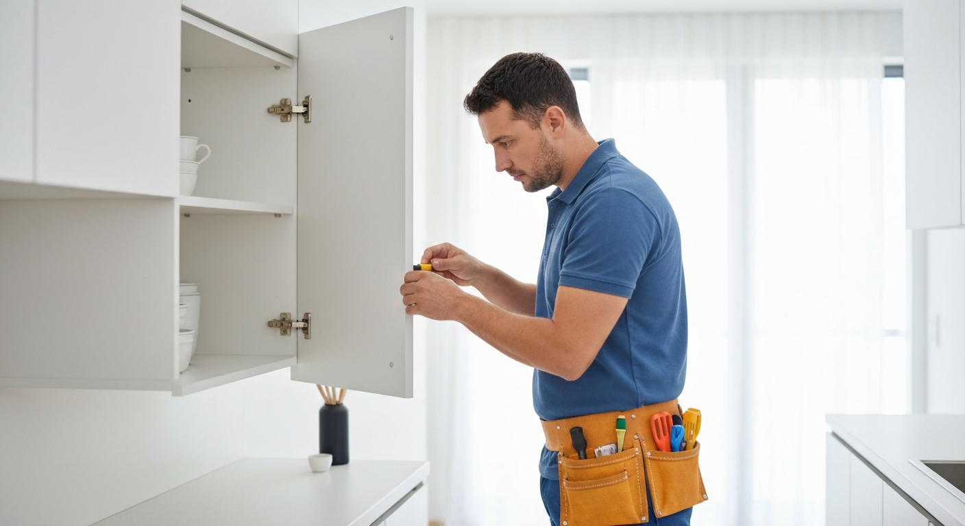 Handyman fixing a kitchen cabinet