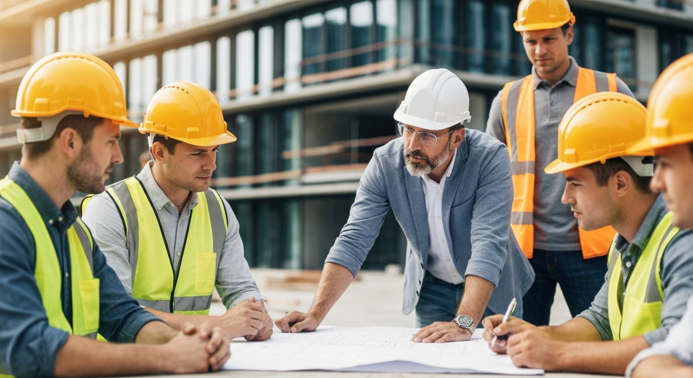 Construction site manager reviewing blueprints