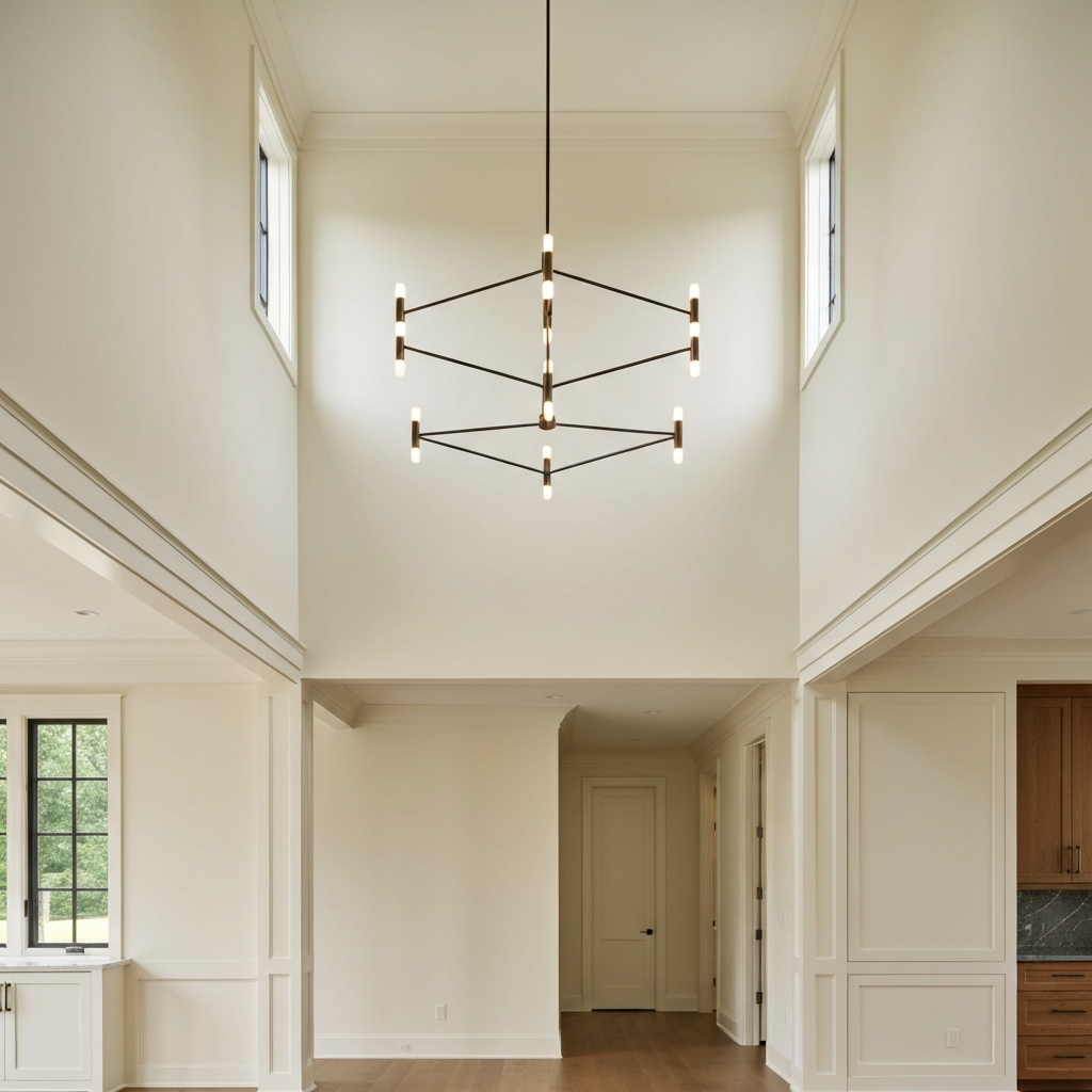 Tall ceiling with a modern chandelier light installed