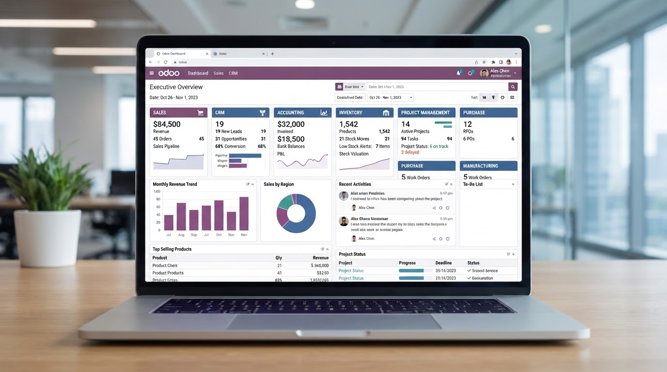 Odoo Perth ERP platform showing sales, inventory, accounting and CRM modules